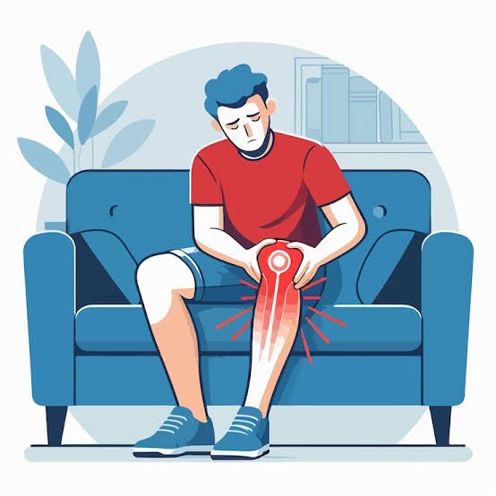 Illustration of a 54-year-old man sitting on a sofa and holding his painful knee